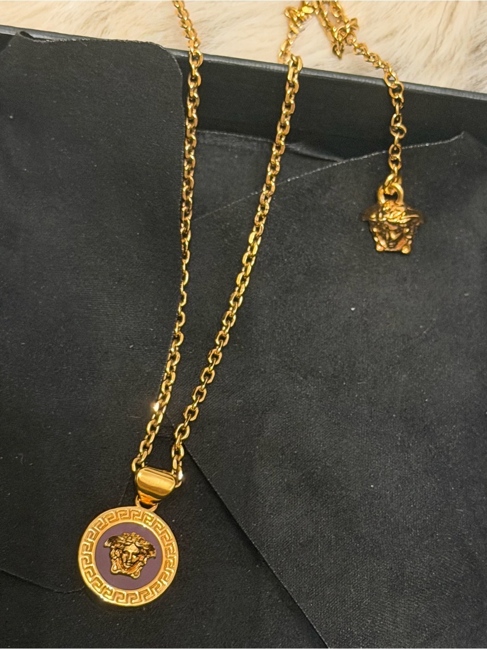 Versace Gold Tone Necklace with Purple Medusa Pendant